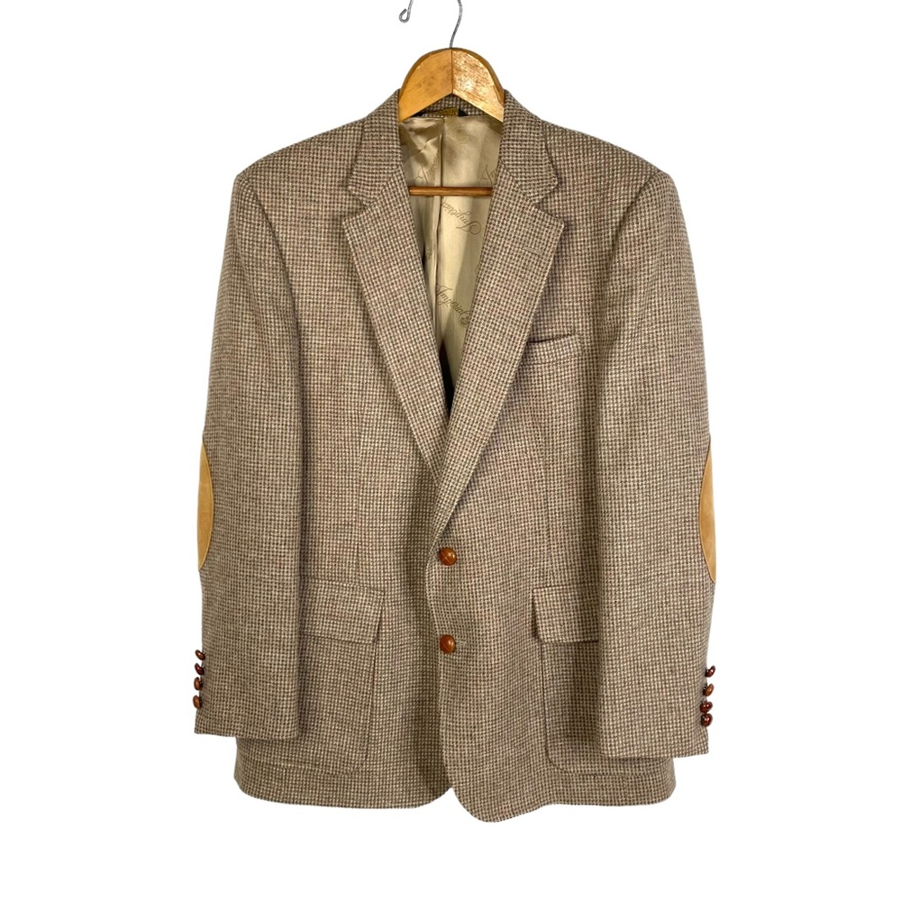Imperial By Haggar Beige Tweed 100% Pure Wool Elbow Patch Blazer Jacket 42